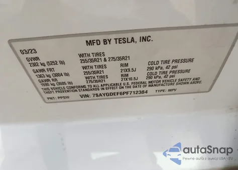 2023 Tesla Model Y Performance Dual Motor All-Wheel Drive z USA, uszkodzony, nr VIN 7SAYGDEF6PF712384